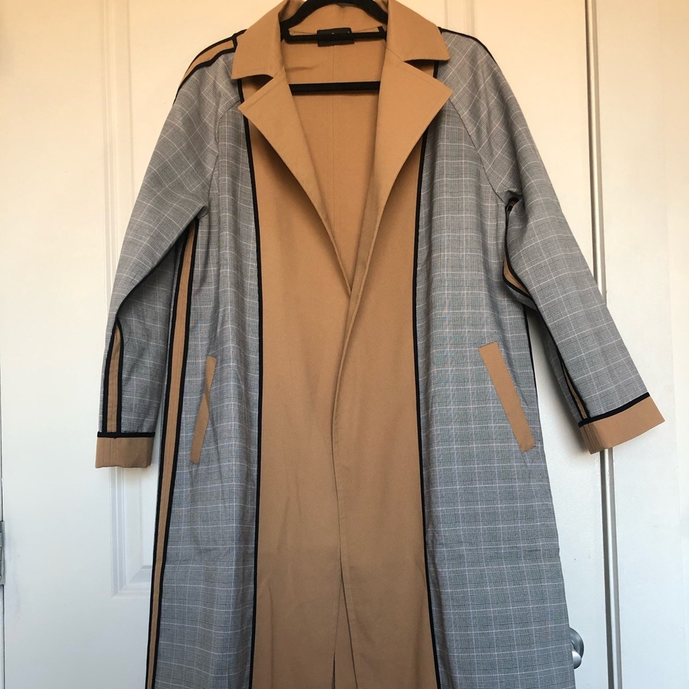 Checkered and camel black trench coat